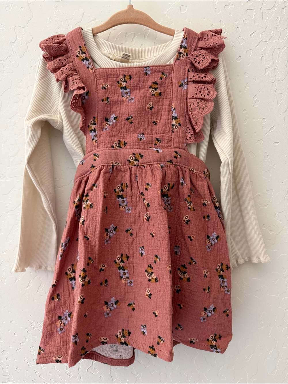 Jessica Simpson Dusty Rose Floral Pinafore with Cream Scalloped Top - 3T